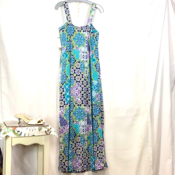 NWT 🐠 ALLISON BRITTNEY Blue Multi Umpire Twist Wide Shoulder Tank Top Popover - Picture 3 of 12